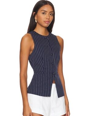 Sleeveless Navy Pinstripe Button-Front Top